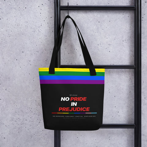 Pride Stoffbeutel — No Pride in Prejudice, Progress Pride Flag, Mockup