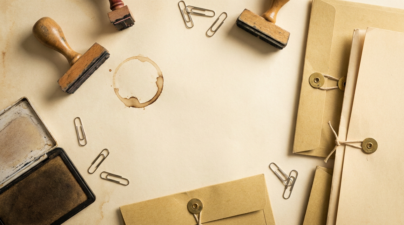 Amtlicher Schreibtisch: Stempel, Büroklammern, Aktenmappen auf cremefarbenem Papier