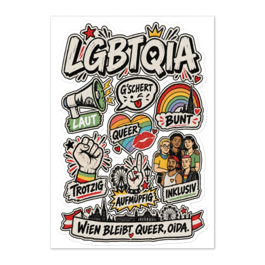 Sticker-Bogen A5 „Wien bleibt queer, Oida“ mit neun bunten Wiener Pride-Motiven – zweite Ansicht