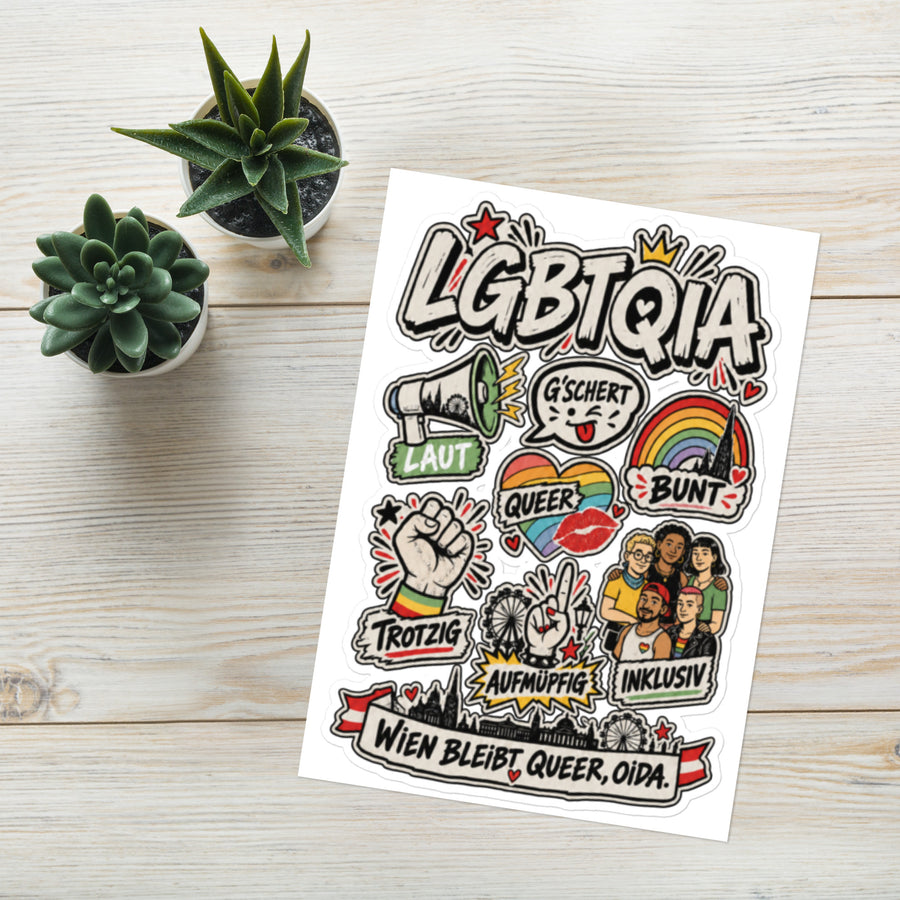 Sticker-Bogen A5 „Wien bleibt queer, Oida“ mit neun bunten Wiener Pride-Motiven – Aufsicht