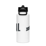 Weiße Edelstahl-Trinkflasche mit Strohhalmdeckel und Schriftzug „Zuständig? Leida i." – Rückansicht