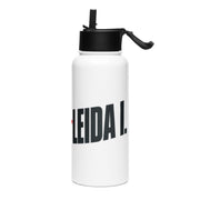 Weiße Edelstahl-Trinkflasche mit Schriftzug „Zuständig? Leida i." – linke Seitenansicht