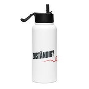 Weiße Edelstahl-Trinkflasche mit Schriftzug „Zuständig? Leida i." – rechte Seitenansicht