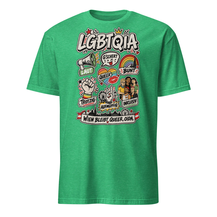 Unisex-T-Shirt in Irischgrün meliert mit Wiener Pride-Print „Wien bleibt queer, Oida“ – Vorderansicht