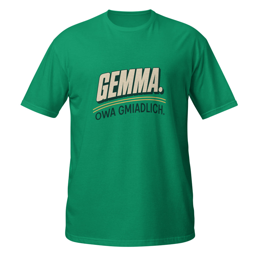 Kelly-grünes Unisex-T-Shirt mit Retro-Schriftzug „Gemma. Owa gmiadlich."
