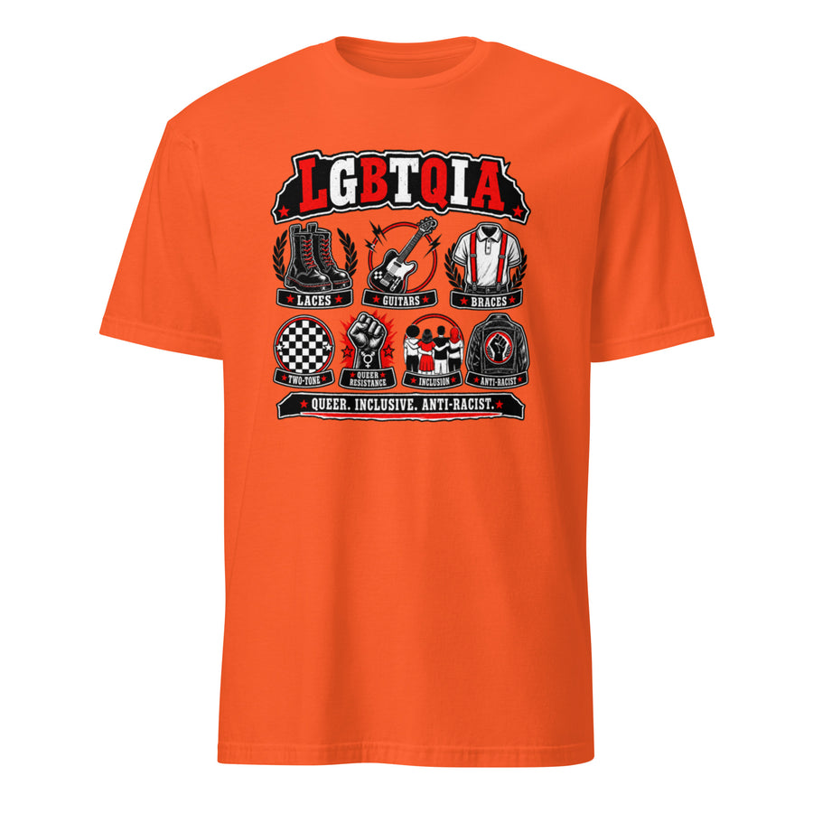 Unisex-T-Shirt in Orange mit 161.SHARP LGBTQIA-Print „Queer. Inclusive. Anti-Racist.“ – Vorderansicht