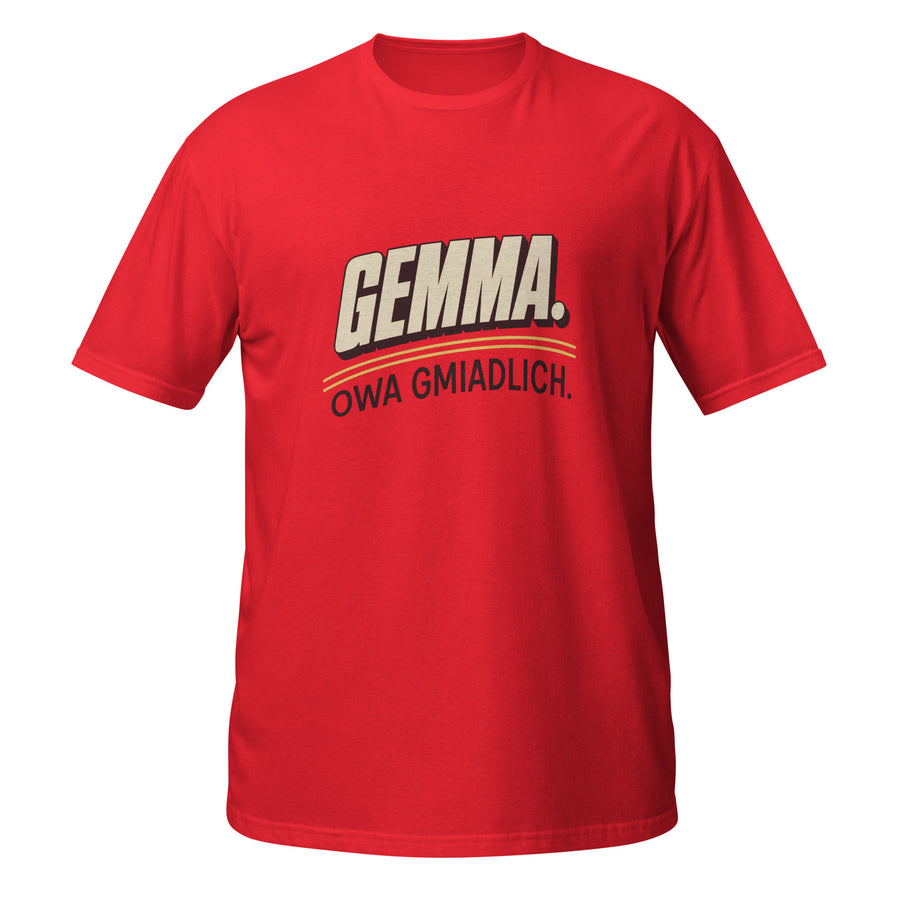 Rotes Unisex-T-Shirt mit Retro-Schriftzug „Gemma. Owa gmiadlich."