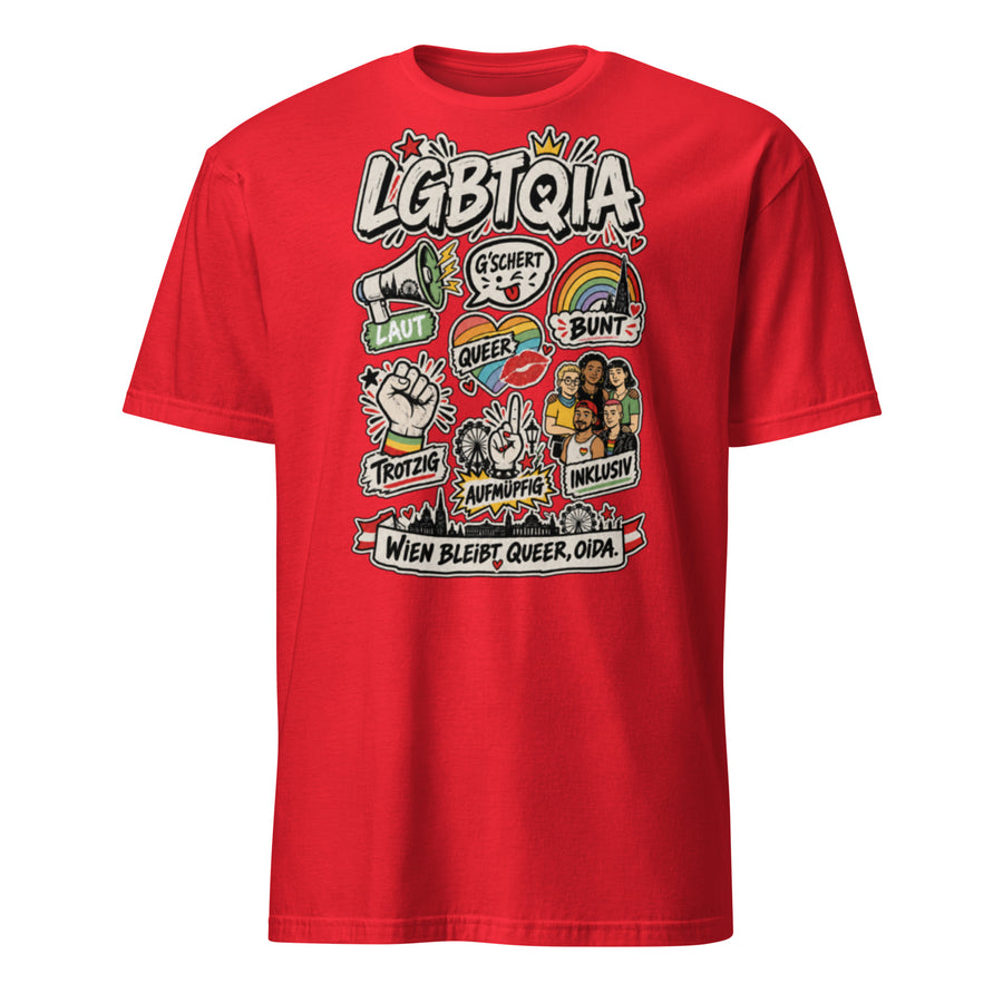 Unisex-T-Shirt in Rot mit Wiener Pride-Print „Wien bleibt queer, Oida“ – Vorderansicht