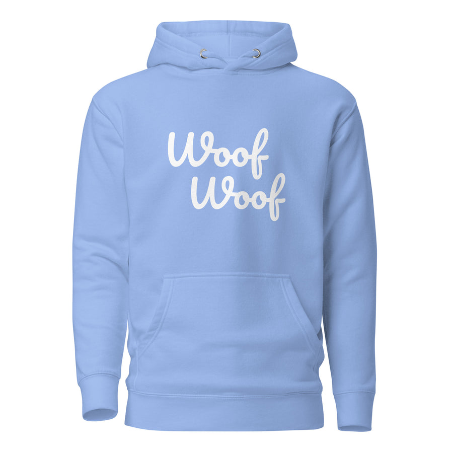 Woof Woof Hoodie – Carolina-Blau Blau – Vorderseite – FiAMi Fun