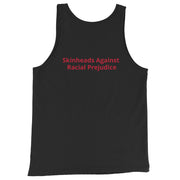 Rückseite des schwarzen 161.SHARP Tanktops mit Schriftzug „Skinheads Against Racial Prejudice“