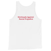 Rückseite des weißen 161.SHARP Tanktops mit Schriftzug „Skinheads Against Racial Prejudice“